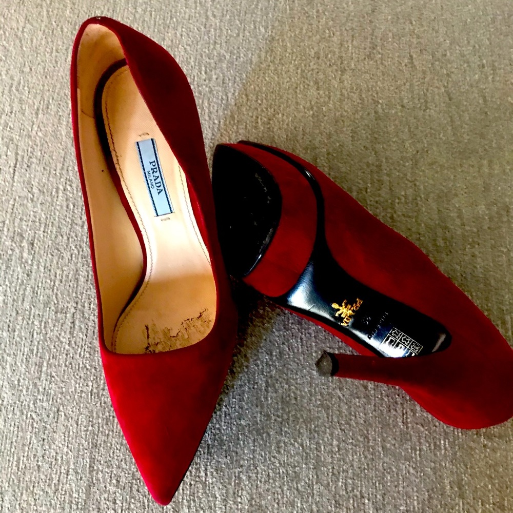 Red suede Prada stiletto pumps